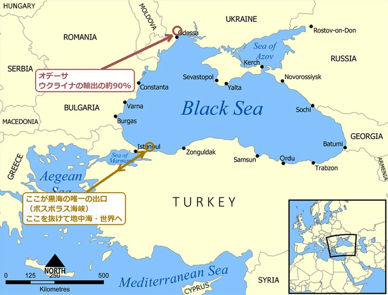 黒海の地図。北西端のオデーサに赤い印と注記、南西のイスタンブール付近のボスポラス海峡に黄色の印と注記があり、そこから南西へ抜けて地中海へ向かう矢印が描かれている